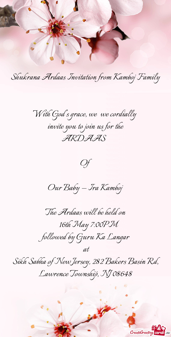Shukrana Ardaas Invitation from Kamboj Family