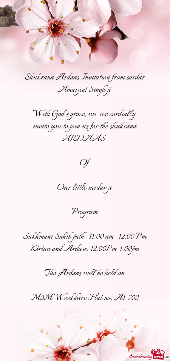 Shukrana Ardaas Invitation from sardar Amarjeet Singh ji