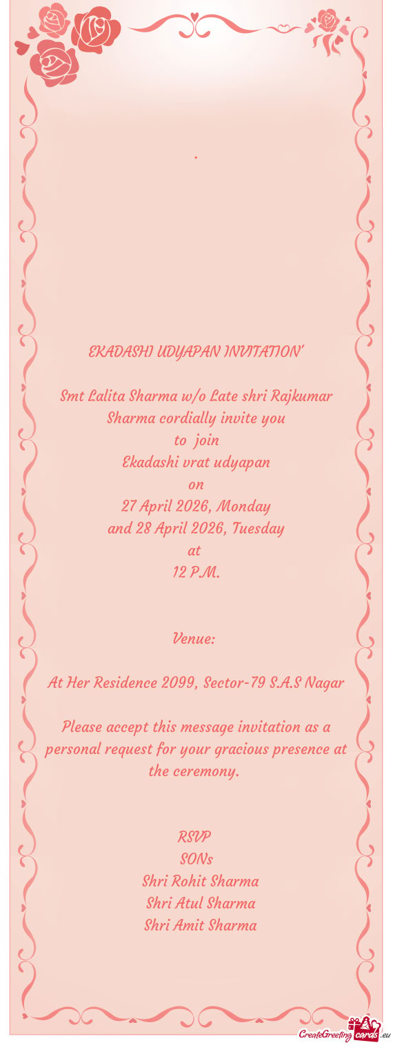 Smt Lalita Sharma w/o Late shri Rajkumar Sharma cordially invite you