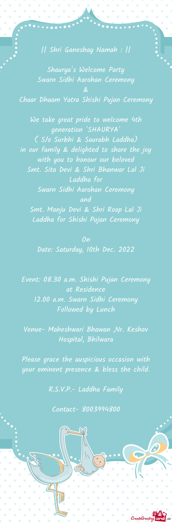 Smt. Manju Devi & Shri Roop Lal Ji Laddha for Shishi Pujan Ceremony