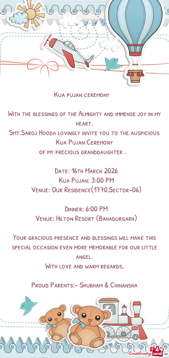 Smt.Saroj Hooda lovingly invite you to the auspicious Kua Pujan Ceremony