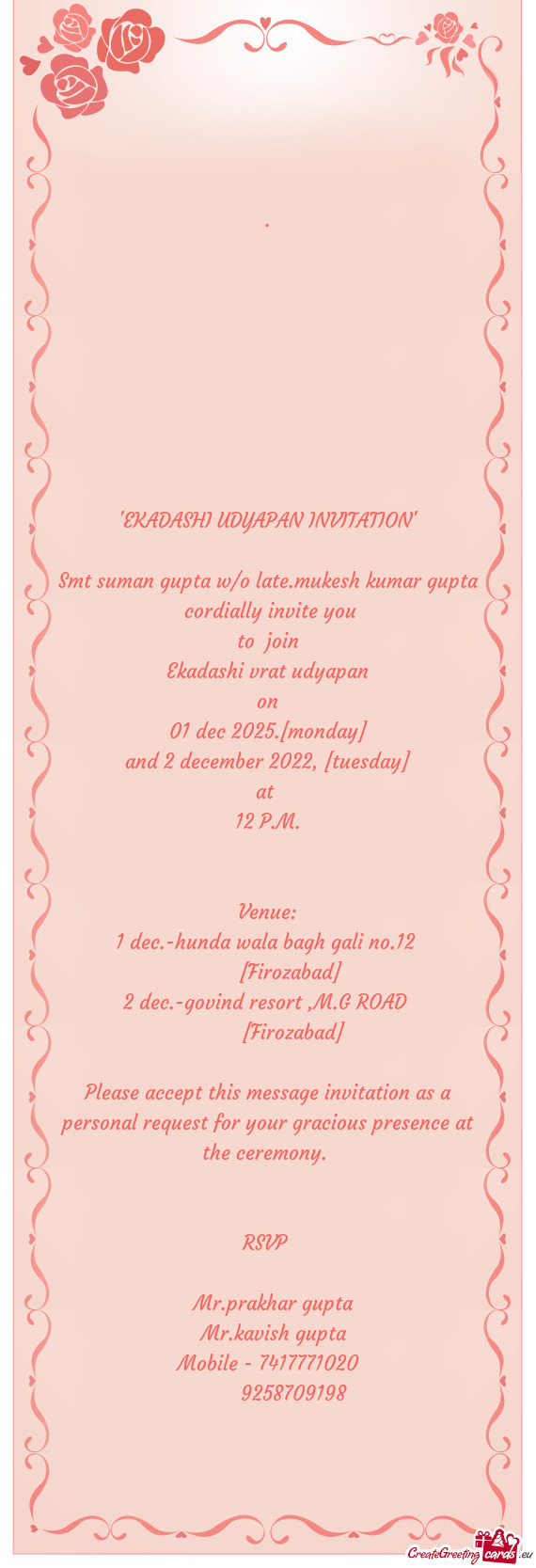 Smt suman gupta w/o late.mukesh kumar gupta cordially invite you