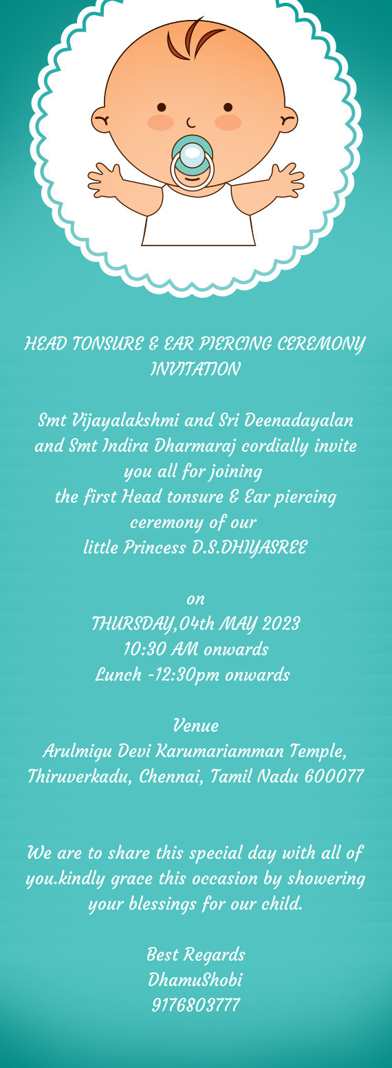 Smt Vijayalakshmi and Sri Deenadayalan and Smt Indira Dharmaraj cordially invite you all for joining