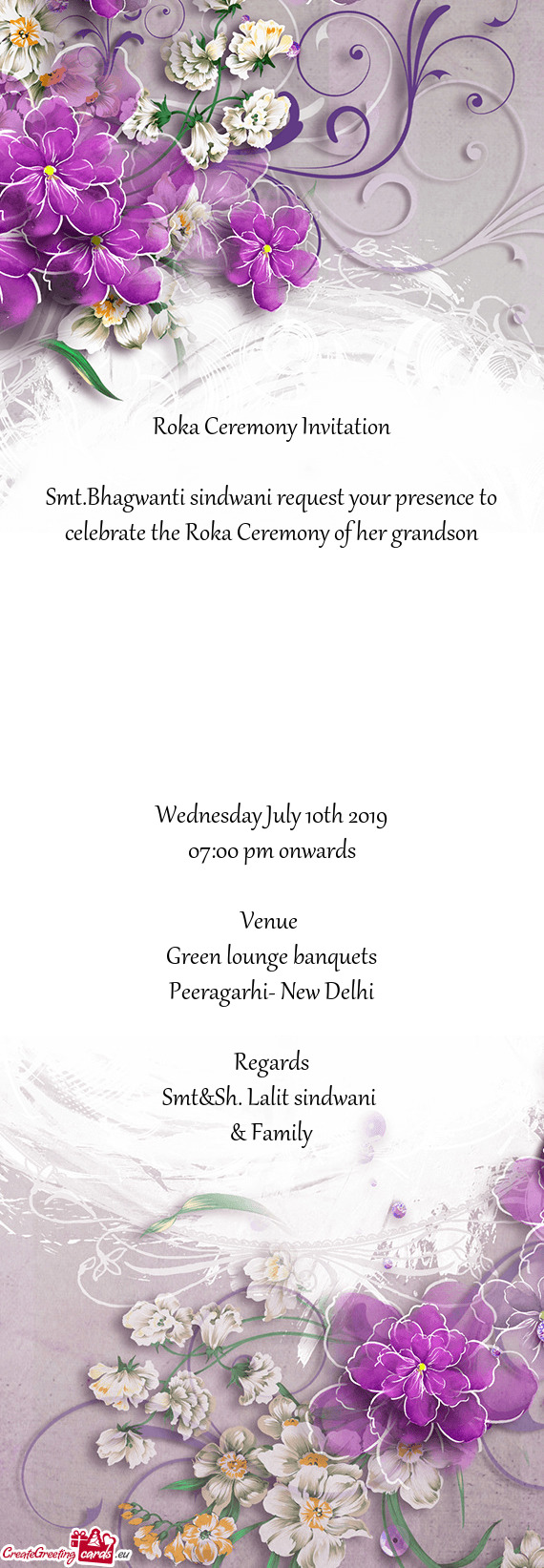 Smt.Bhagwanti sindwani request your presence to celebrate the Roka Ceremony of her grandson
