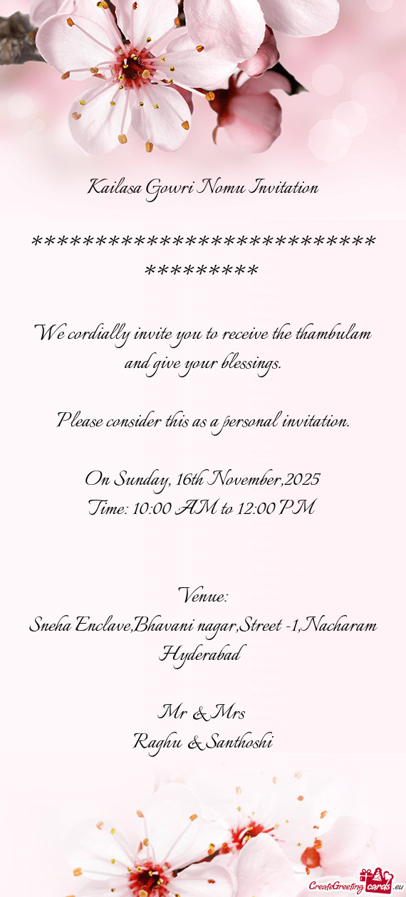 Sneha Enclave,Bhavani nagar,Street -1,Nacharam