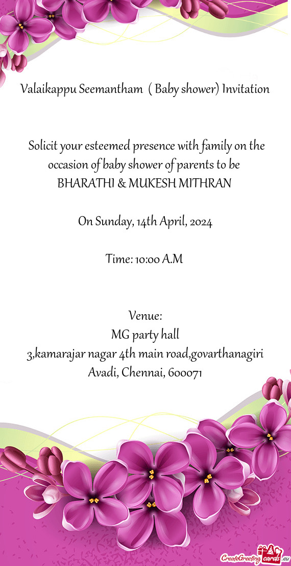 Solicit your esteemed presence with family on the occasion of baby shower of parents to be
