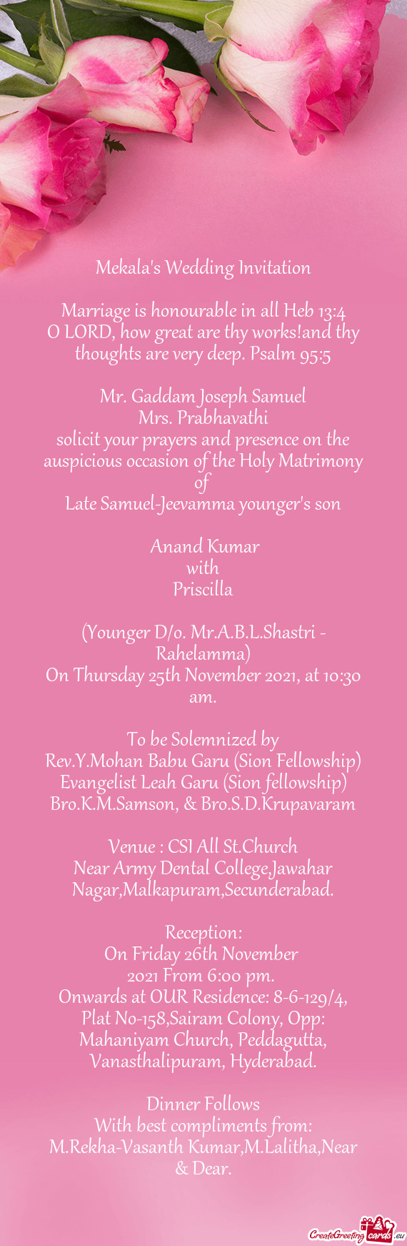 Solicit your prayers and presence on the auspicious occasion of the Holy Matrimony of
