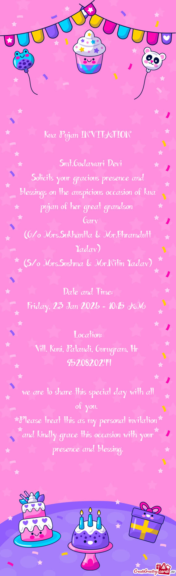 Solicits your gracious presence and blessings on the auspicious occasion of kua pujan of her great g