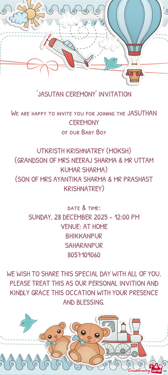 (SON OF MRS AYANTIKA SHARMA & MR PRASHAST KRISHNATREY)