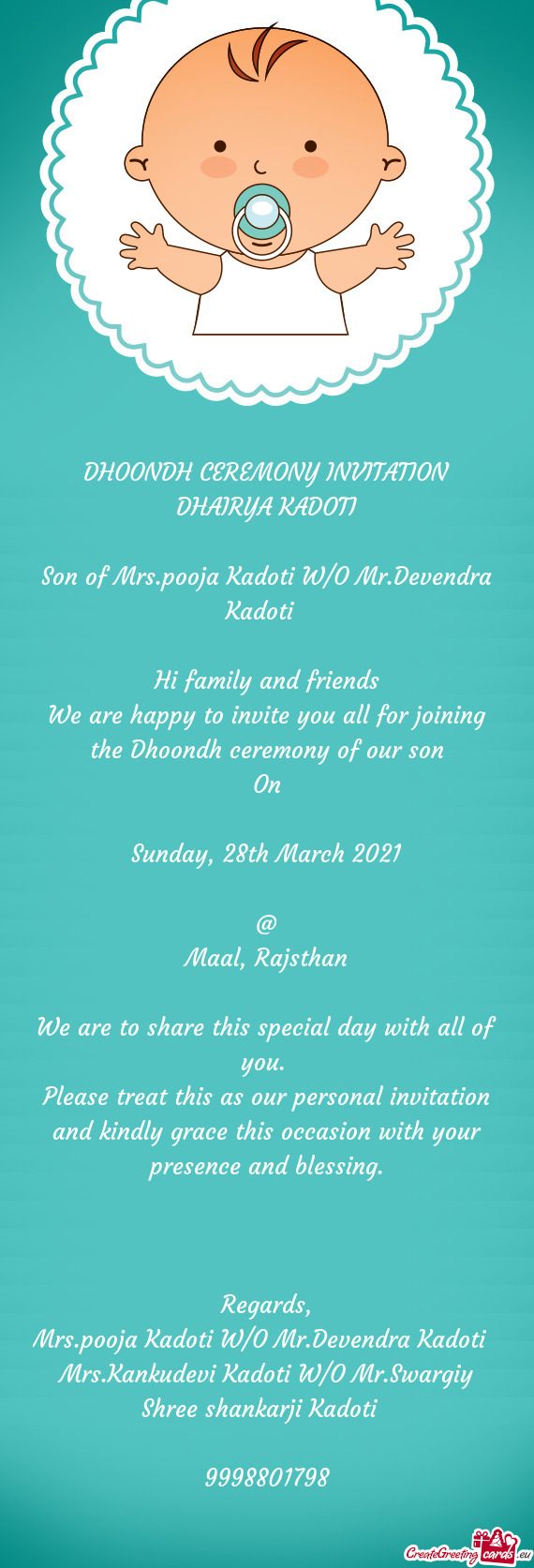 Son of Mrs.pooja Kadoti W/O Mr.Devendra Kadoti