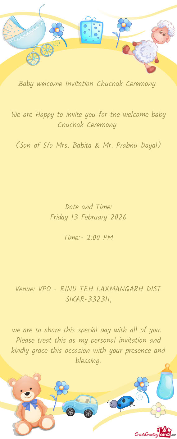 (Son of S/o Mrs. Babita & Mr. Prabhu Dayal)