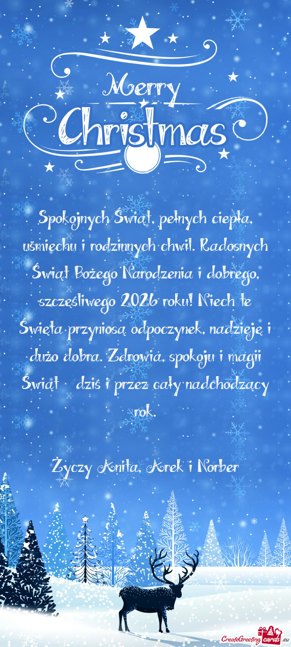 Spokojnych Świąt, pełnych ciepła, uśmiechu i rodzinnych chwil. Radosnych Świąt Bożego Narodz
