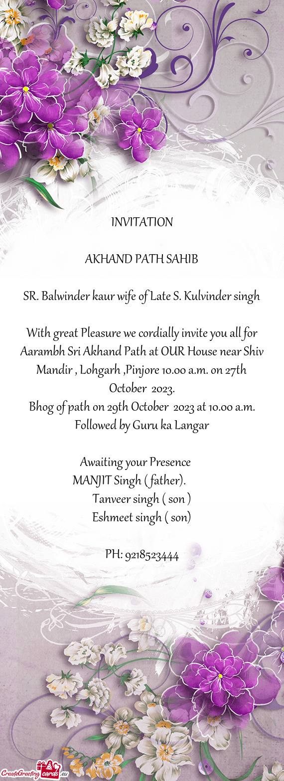 SR. Balwinder kaur wife of Late S. Kulvinder singh