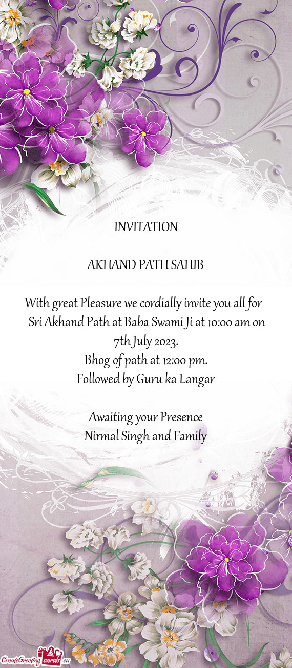 Sri Akhand Path at Baba Swami Ji at 10:00 am on 7th July 2023 - Free cards