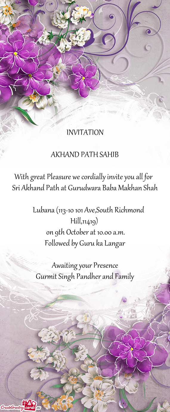 Sri Akhand Path at Gurudwara Baba Makhan Shah  Lubana (113-10 101 Ave,South Richmond Hill,114