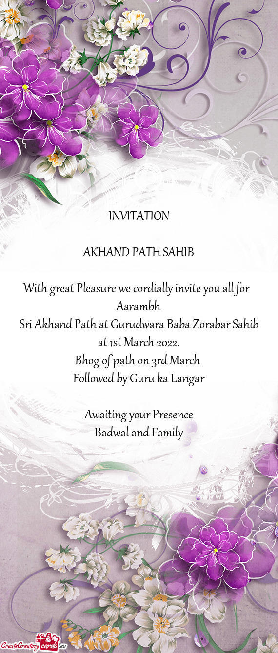 Sri Akhand Path at Gurudwara Baba Zorabar Sahib at 1st March 2022