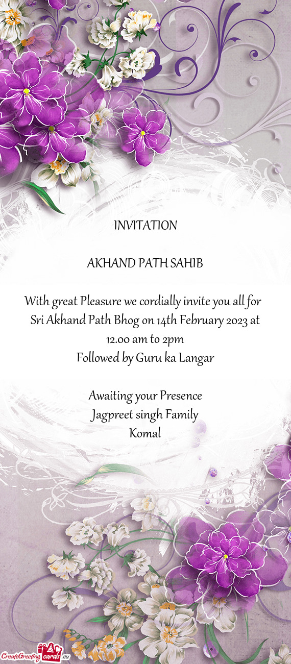 Sri Akhand Path Bhog on 14th February 2023 at 12.00 am to 2pm