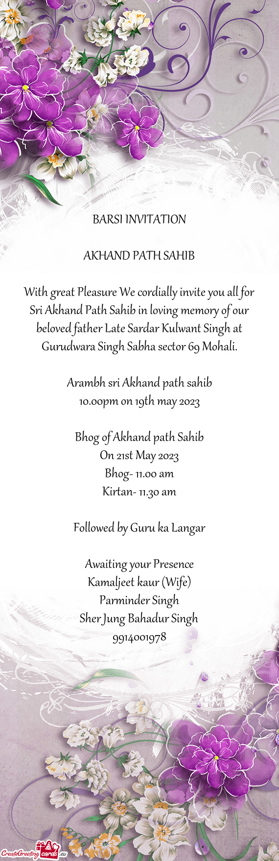 Sri Akhand Path Sahib in loving memory of our beloved father Late Sardar Kulwant Singh at Gurudwara