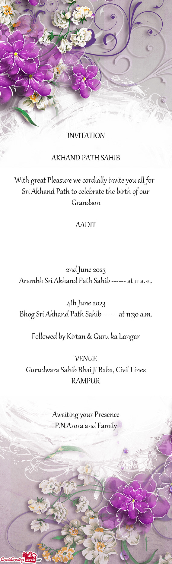 Sri Akhand Path to celebrate the birth of our Grandson