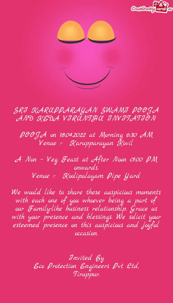SRI KARUPPARAYAN SWAMI POOJA AND KEDA VIRUNTHU INVITATION