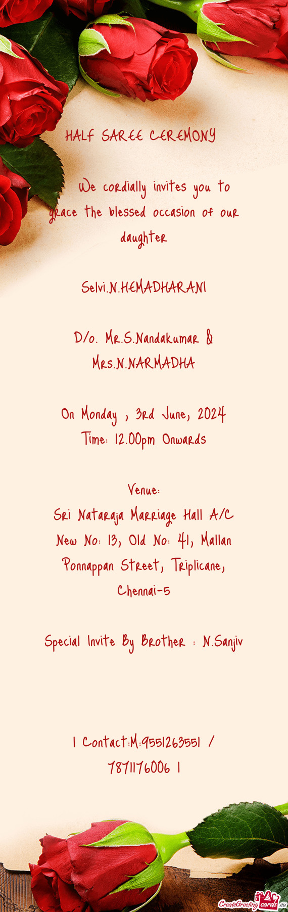 Sri Nataraja Marriage Hall A/C New No: 13, Old No: 41, Mallan Ponnappan Street, Triplicane, Chennai