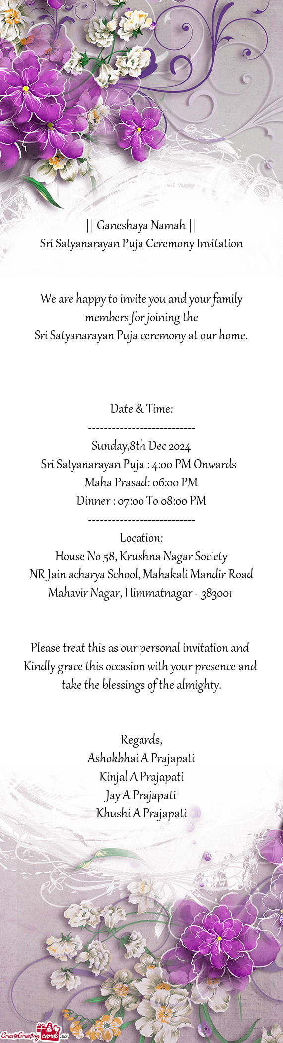 Sri Satyanarayan Puja Ceremony Invitation