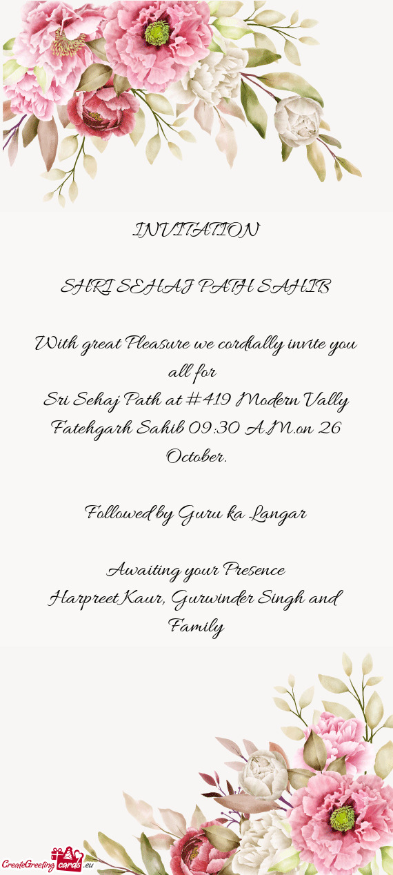Sri Sehaj Path at #419 Modern Vally Fatehgarh Sahib 09:30 A.M.on 26 October