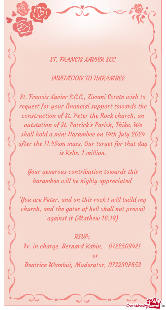 St. Francis Xavier S.C.C., Ziwani Estate wish to request for your financial support towards the cons