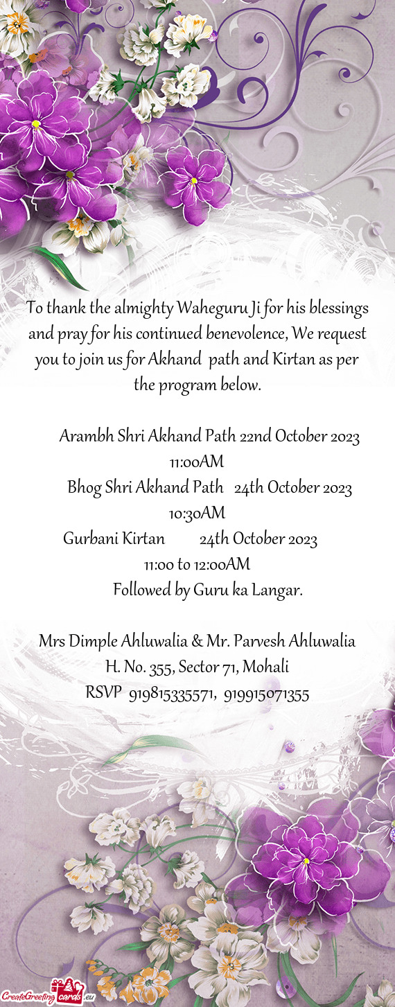 St you to join us for Akhand path and Kirtan as per the program below