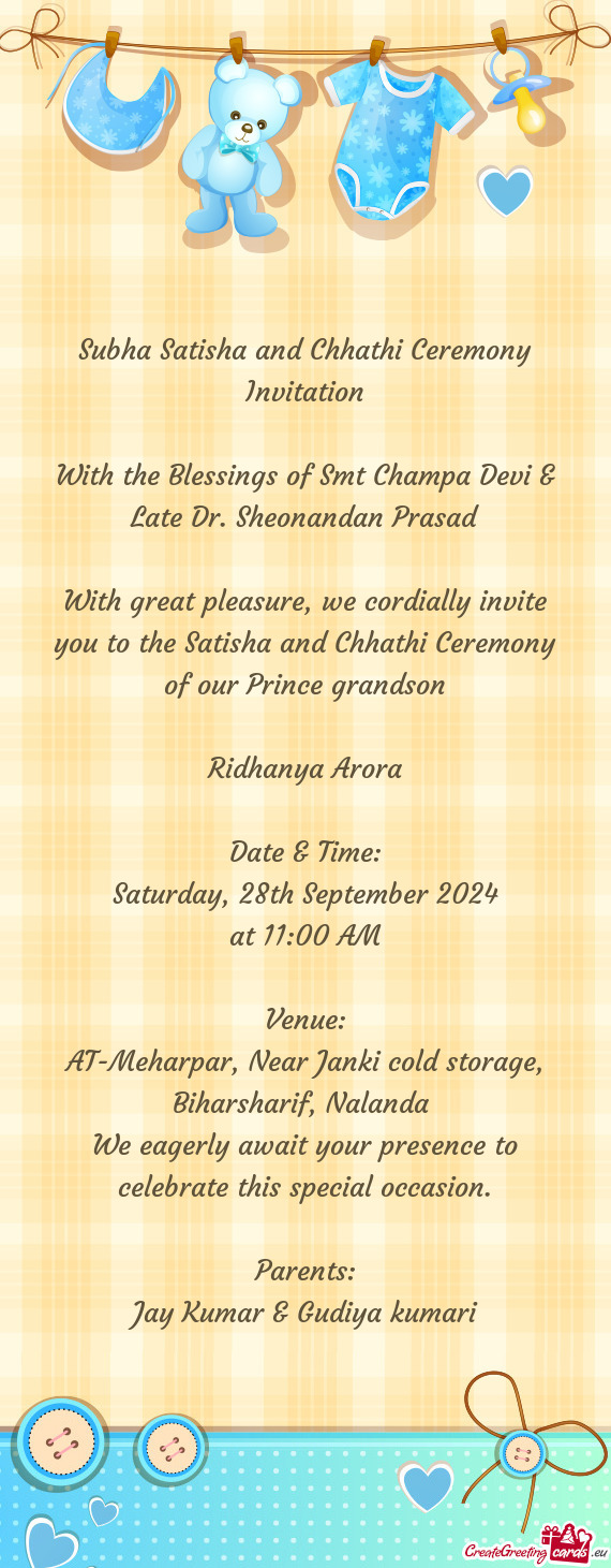 Subha Satisha and Chhathi Ceremony Invitation