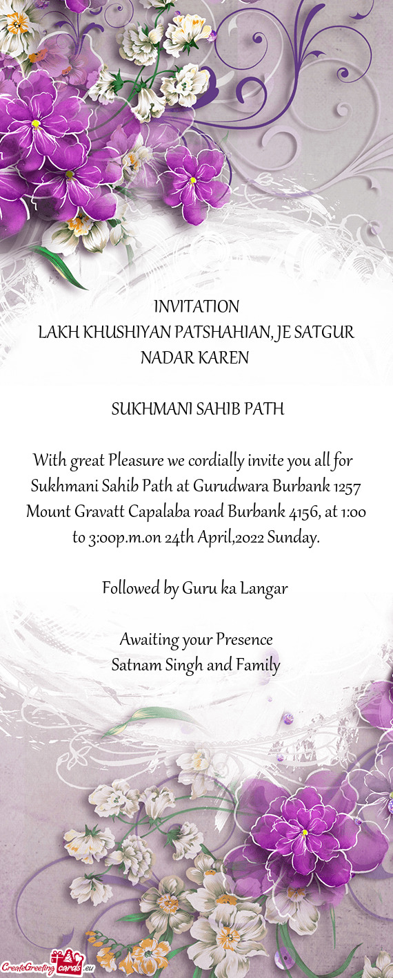 Sukhmani Sahib Path at Gurudwara Burbank 1257 Mount Gravatt Capalaba road Burbank 4156, at 1:00 to 3