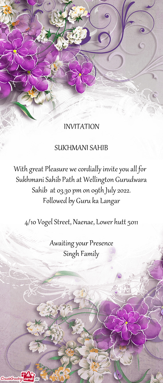 Sukhmani Sahib Path at Wellington Gurudwara Sahib at 03.30 pm on 09th July 2022