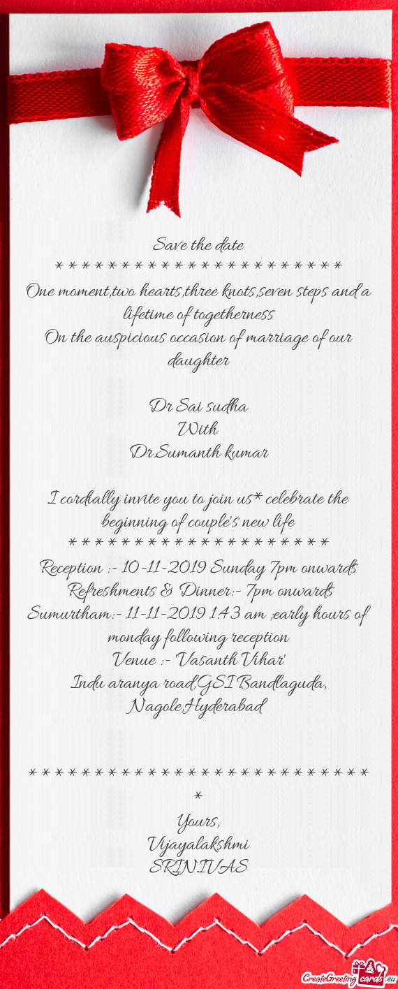 Sumanth kumar
 
 I cordially invite you to join us*celebrate the beginning of couple