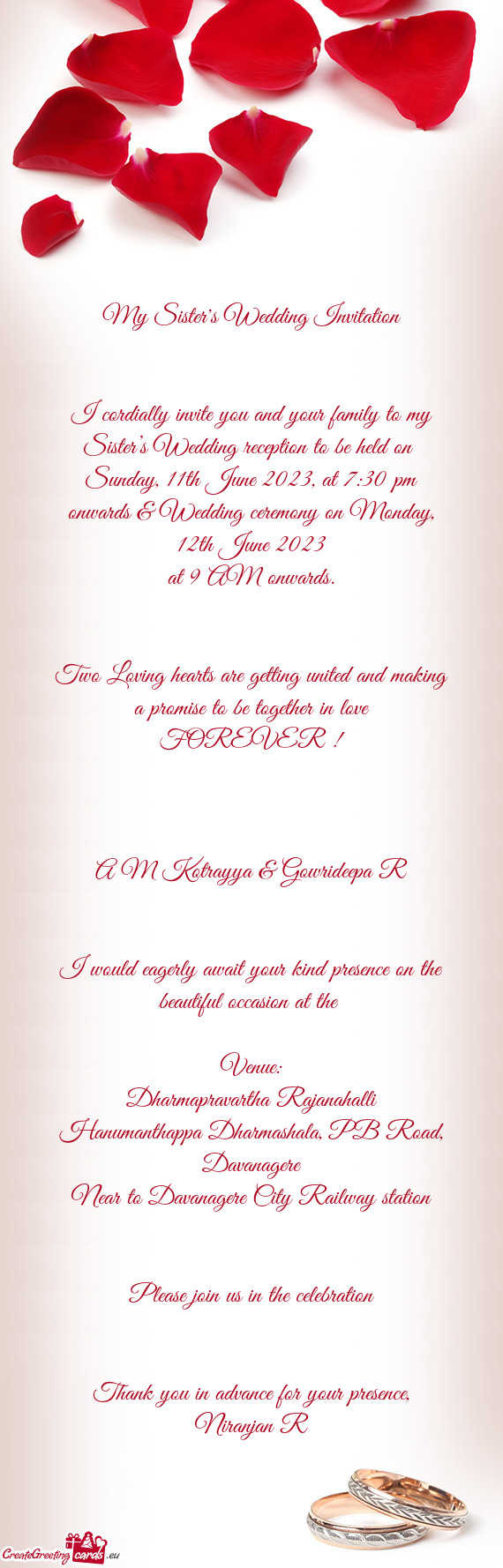 Sunday, 11th June 2023, at 7:30 pm onwards & Wedding ceremony on Monday, 12th June 2023