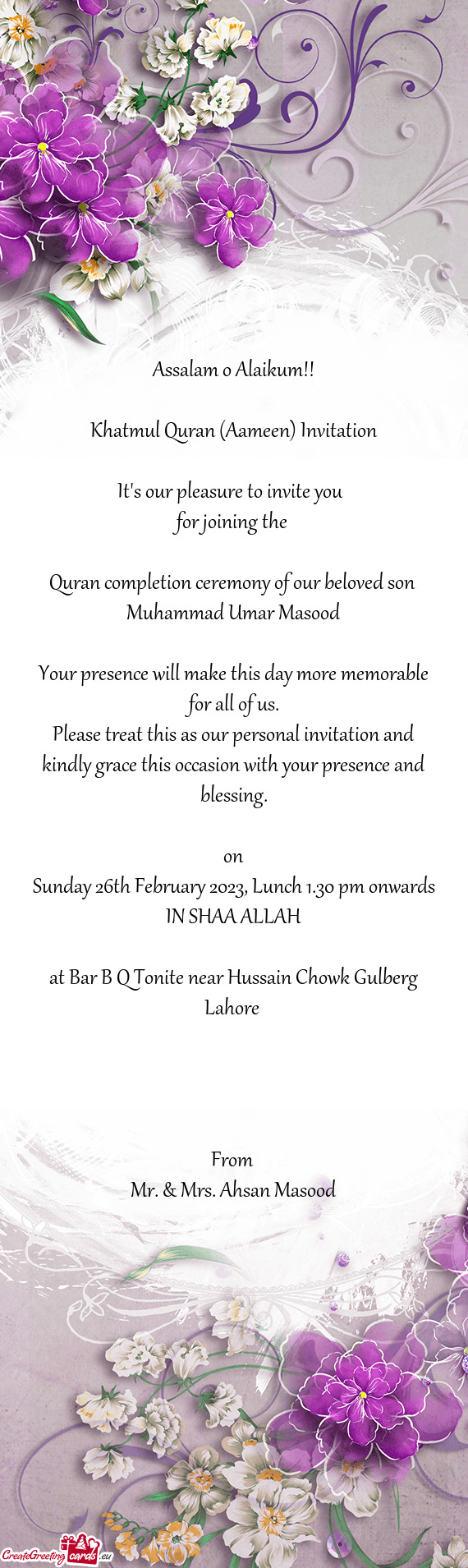 Sunday 26th February 2023, Lunch 1.30 pm onwards IN SHAA ALLAH