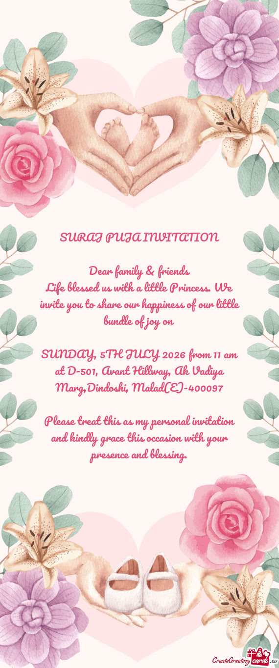 SUNDAY, 5TH JULY 2026 from 11 am at D-501, Avant Hillway, Ak Vadiya Marg,Dindoshi, Malad(E)-400097