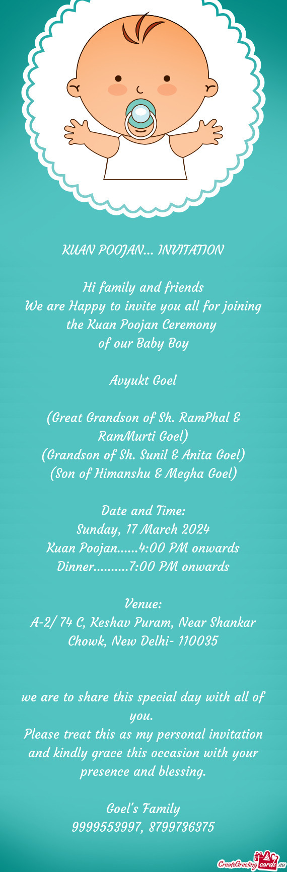 Sunil & Anita Goel) (Son of Himanshu & Megha Goel) Date and Time