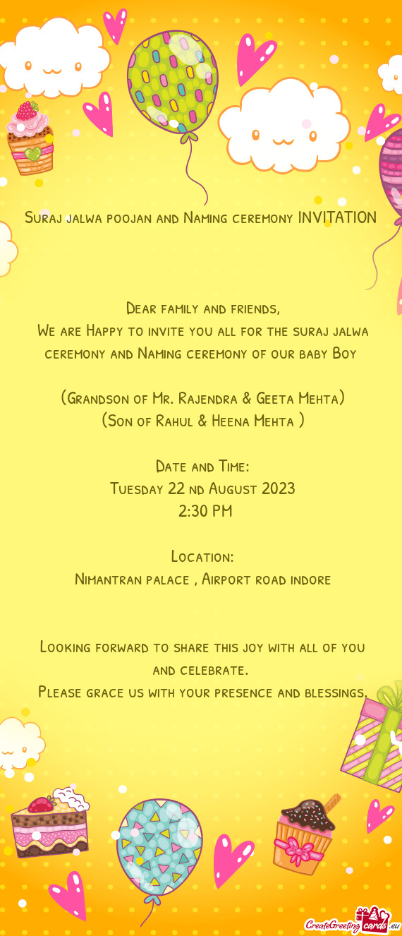 Suraj jalwa poojan and Naming ceremony INVITATION