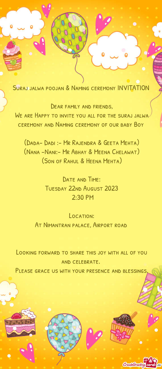 Suraj jalwa poojan & Naming ceremony INVITATION