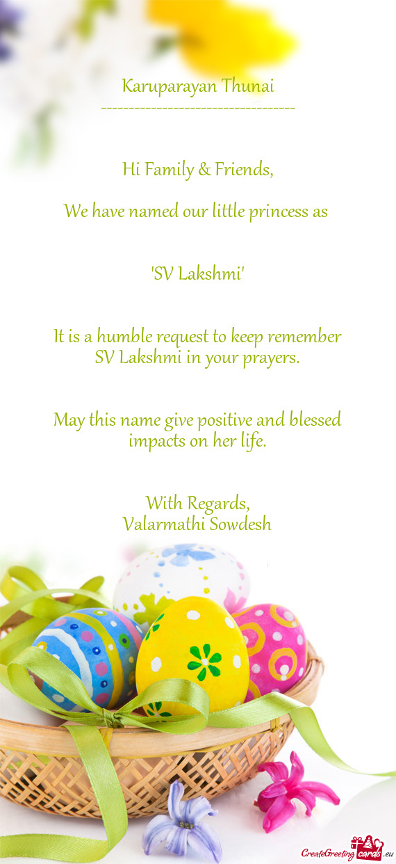SV Lakshmi in your prayers