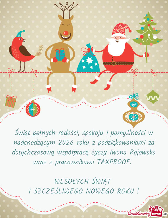 Świąt pełnych radości, spokoju i pomyślności w nadchodzącym 2026 roku z podziękowaniami za d