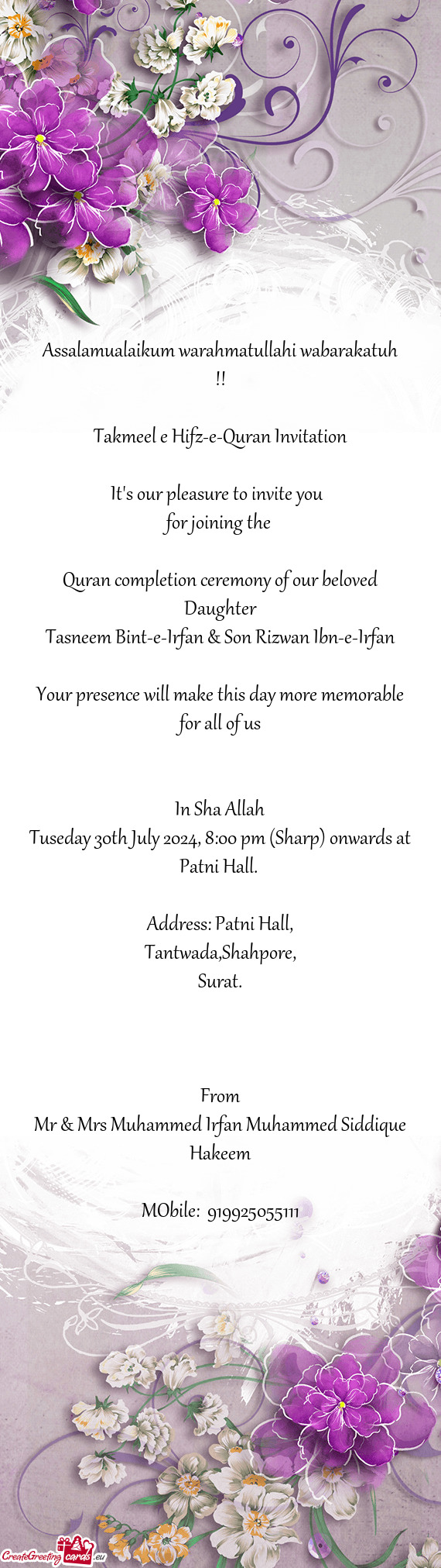 Takmeel e Hifz-e-Quran Invitation