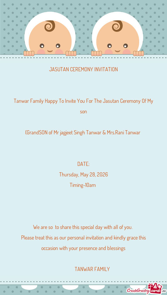 Tanwar Family Happy To Invite You For The Jasutan Ceremony Of My son