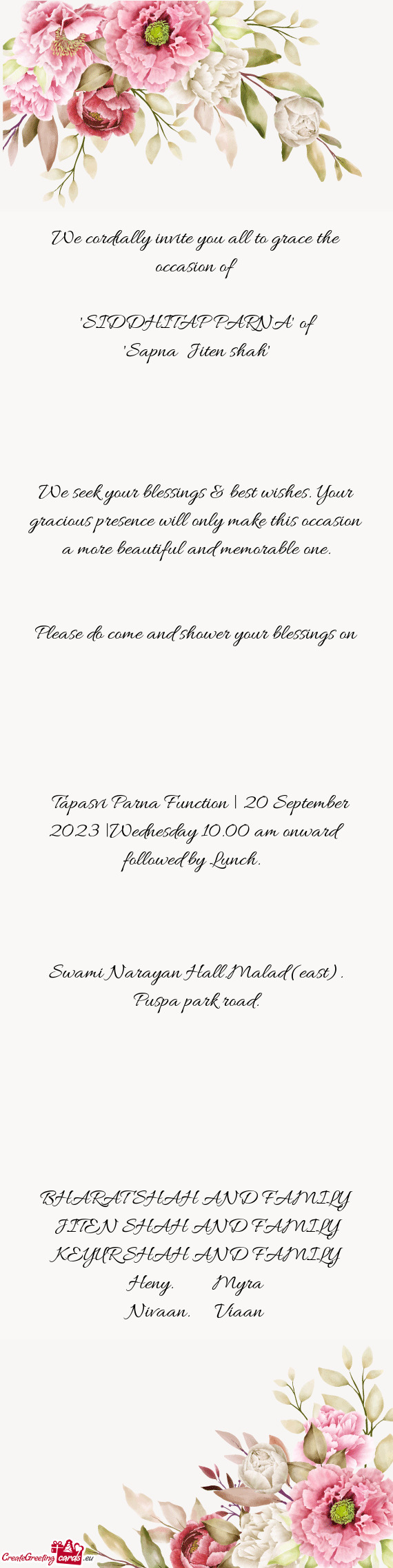 Tapasvi Parna Function | 20 September 2023 |Wednesday 10.00 am onward followed by Lunch