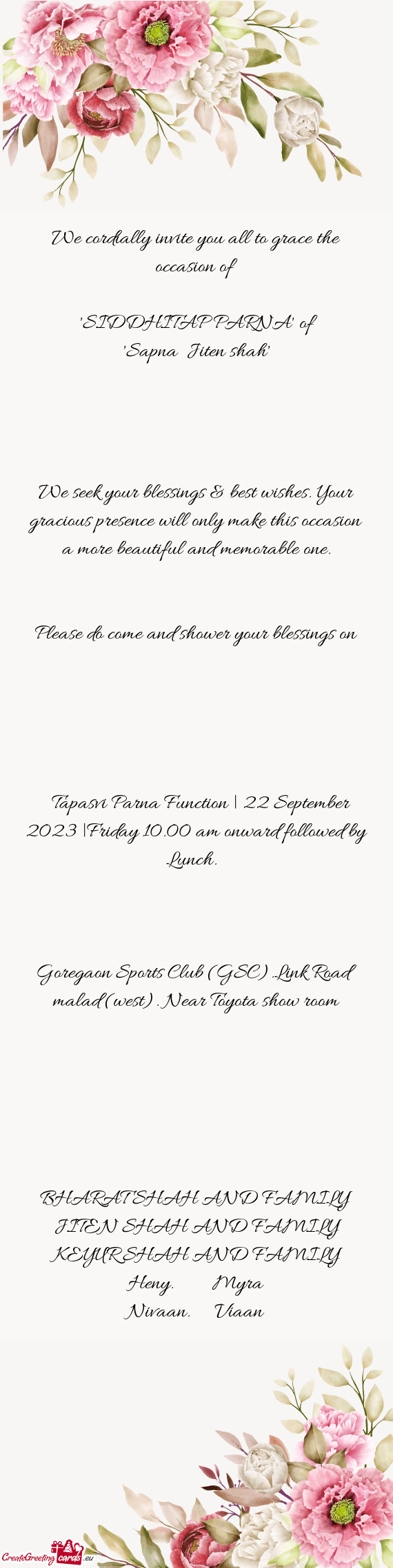 Tapasvi Parna Function | 22 September 2023 |Friday 10.00 am onward followed by Lunch