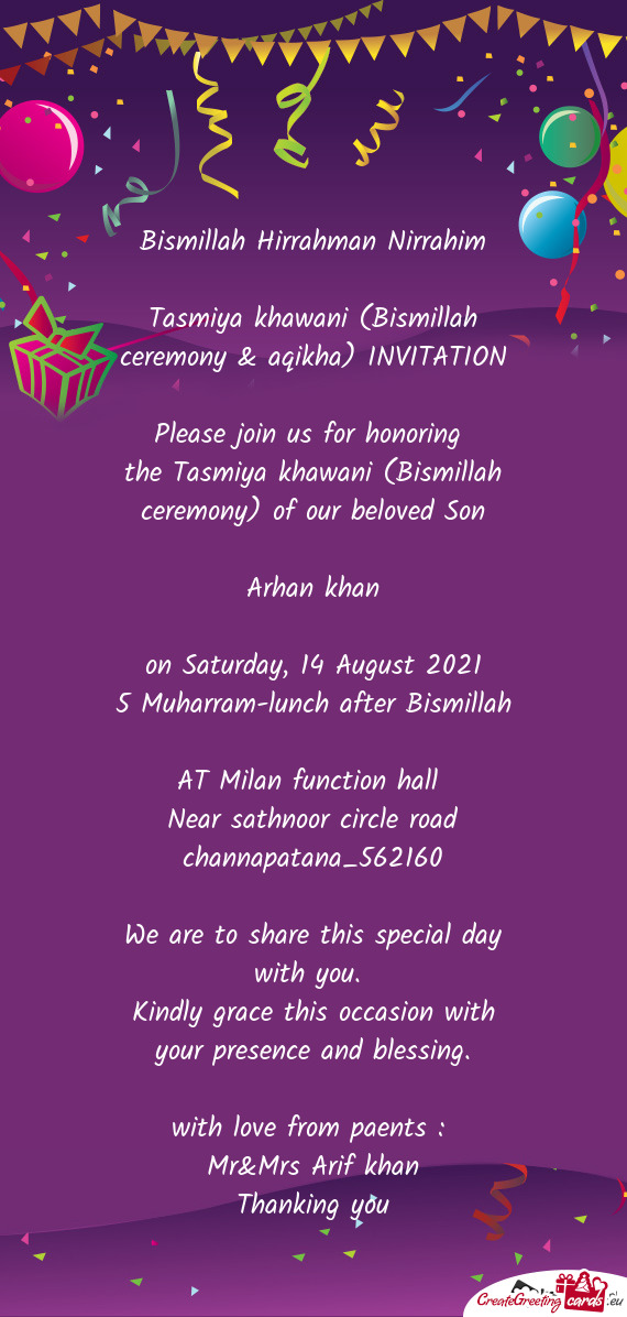Tasmiya khawani (Bismillah ceremony & aqikha) INVITATION
