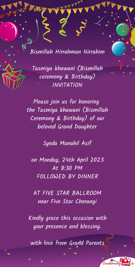 Tasmiya khawani (Bismillah ceremony & Birthday) INVITATION