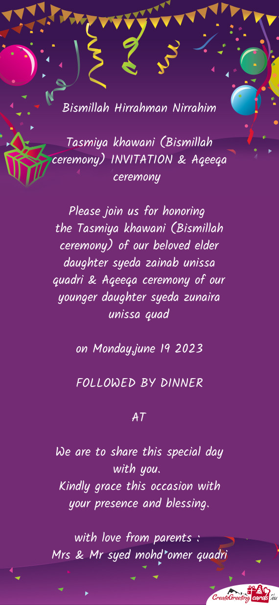 Tasmiya khawani (Bismillah ceremony) INVITATION & Aqeeqa ceremony