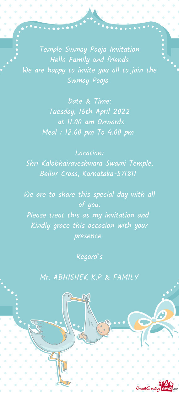 Temple Swmay Pooja Invitation