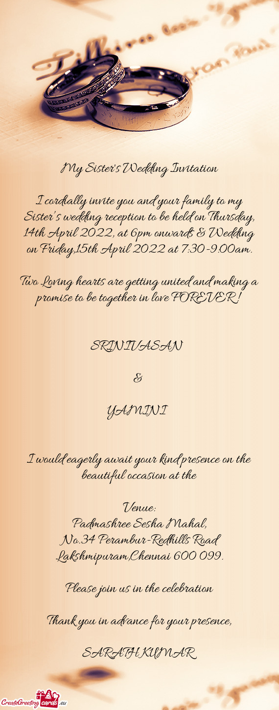 Th April 2022, at 6pm onwards & Wedding on Friday,15th April 2022 at 7:30-9:00am